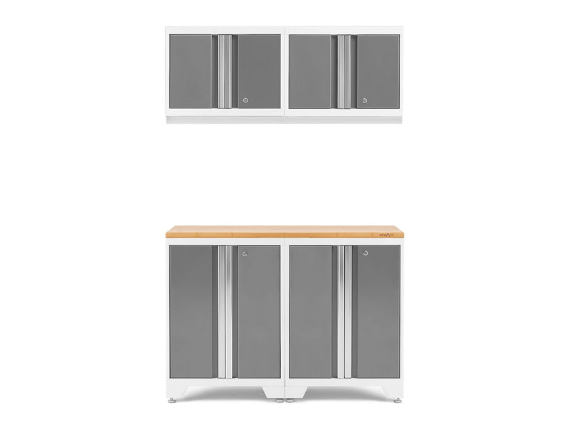 Bold 3.0 Series All-in-One Lockable Steel Garage Cabinetry Set with Bamboo Top, White/Platinum, 48-in x 18-in x 76.75-in, 5-pc P6416
