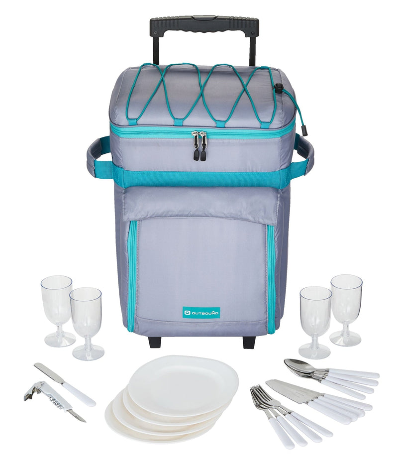 Wheeled Picnic Cooler with 21-Piece Cutlery/Plate Set, 18-Can S2839