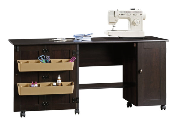 Folding Sewing & Craft Table/Storage Cart with Locking Wheels, Cinnamon Cherry Finish U8419