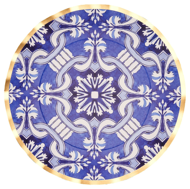 Moroccan Nights Round Bordered Trimmed Paper Disposable Dinner Plates, Blue/Gold, Tile, 10-in, 8-pk, for Mother's Day/Easter M3875