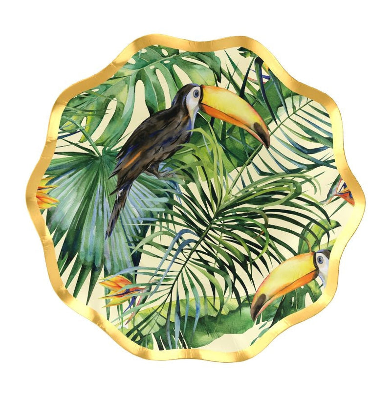 Palm Spring Round Paper Disposable Appetizer Bowls, Green/Gold, 6.5-in, 8-pk, for Summer Party O2032