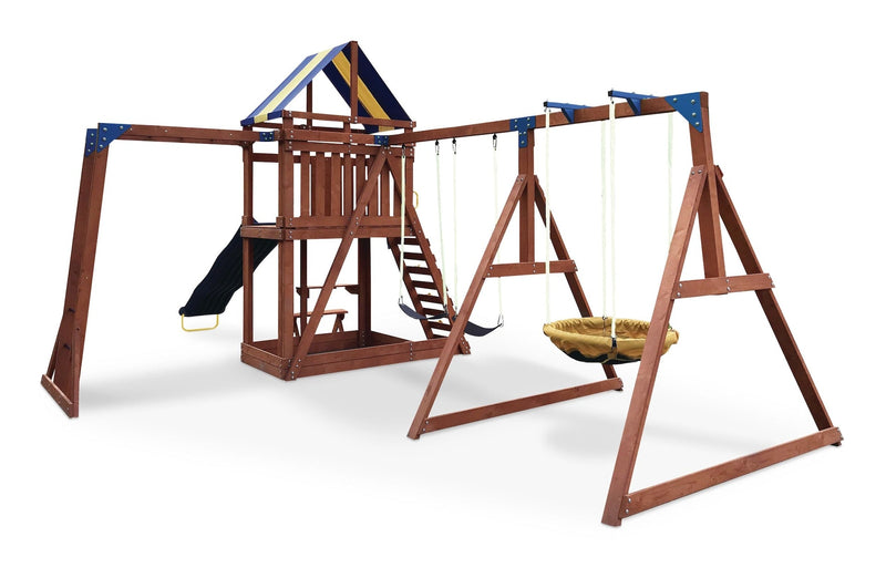 Grand Mesa Outdoor Wooden Play Centre, with Swings, Slide, Sandbox and More, Ages 5+ S3837