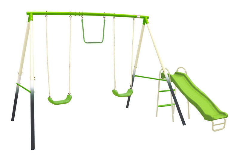 Outdoor 4-Station Metal Swing Set Combo with 2 Swings, Trapeze & Slide, Ages 3+ J9537