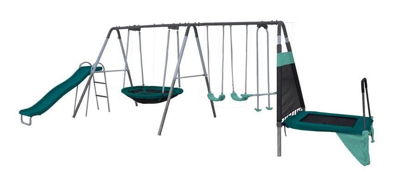 Outdoor Ravine Metal Swing Set Combo, 2 Swings, Glider, Trampoline & Saucer M9827