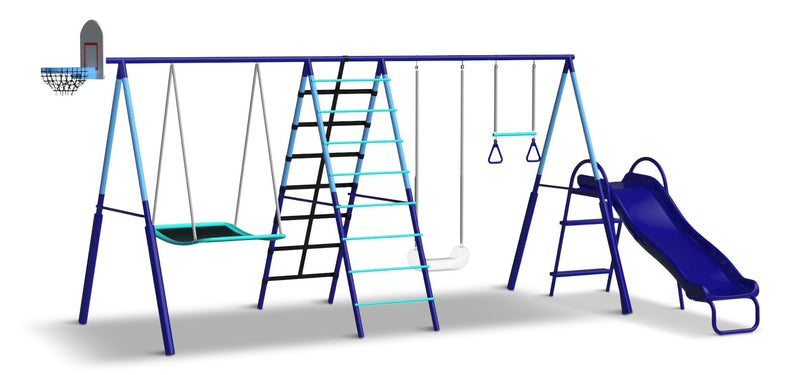 Sunset Slam Kids' 7-Station LED Metal Swing Set Combo with Basketball Hoop & Slide T2295