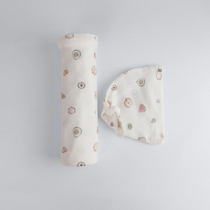 Fruit Print Premium Organic Cotton Blanket and Beanie Set B8251