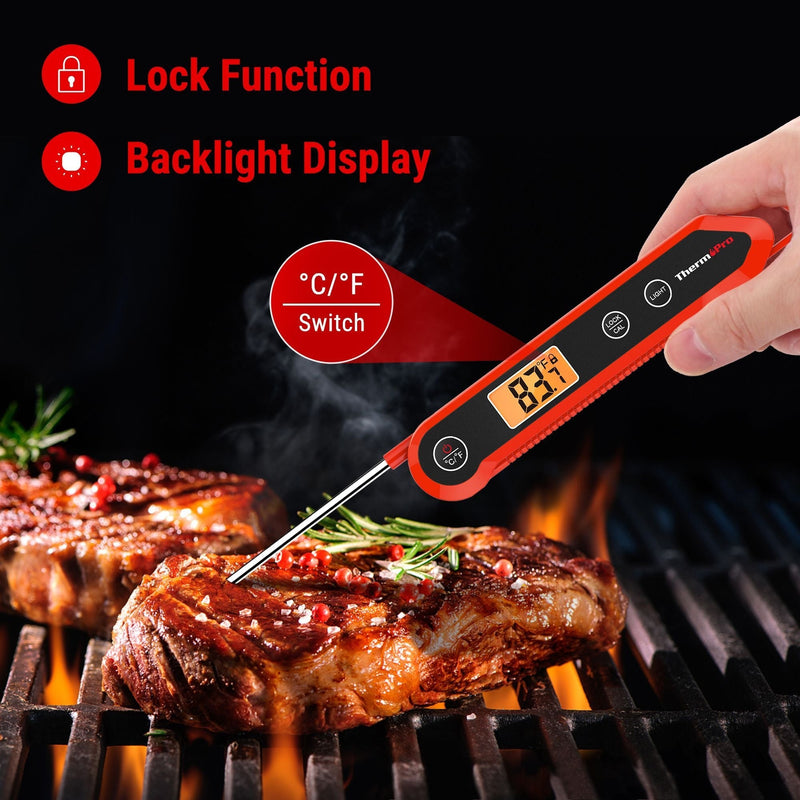 Waterproof Digital Instant-Read Folding Meat Thermometer with Swivel Probe, Black/Red C0754
