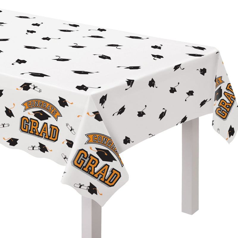 True to Your School "Congrats Grad" Rectangle Plastic Reusable Table Cover, Orange, 54x84-in, for Graduation E8493