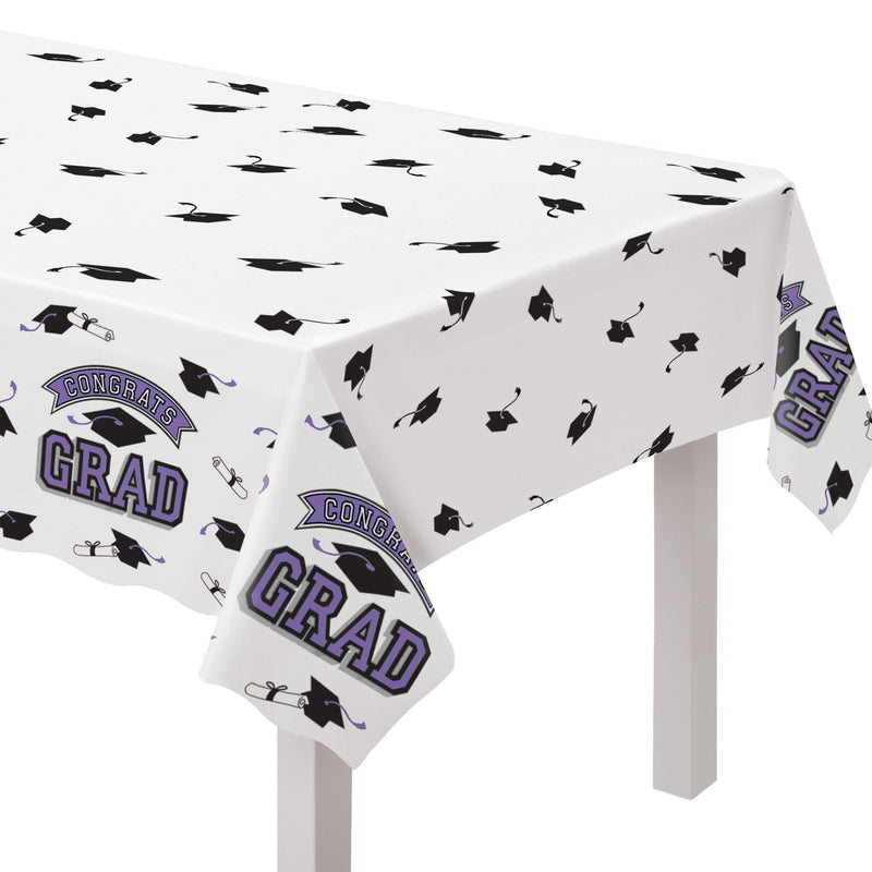 True to Your School "Congrats Grad" Rectangle Plastic Reusable Table Cover, Purple, 54x84-in, for Graduation O5310