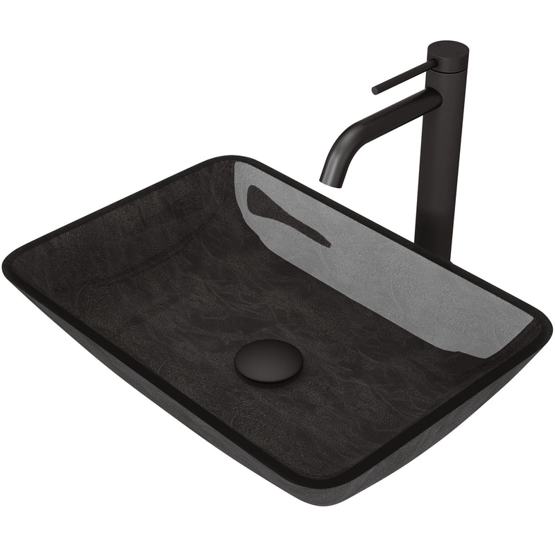Glass Grey Onyx Bathroom Sink/Basin Set with Matte Black Lexington Faucet and Rectangular Vessel Y189