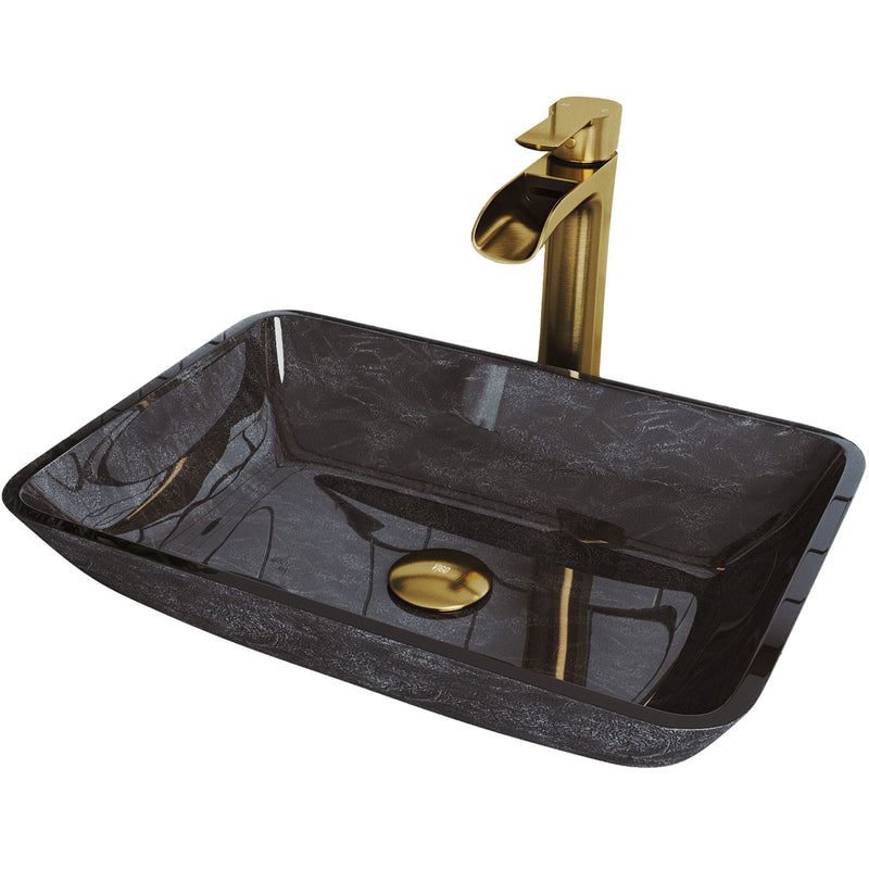 Glass Grey Onyx Bathroom Sink/Basin Set with Matte Gold Niko Faucet and Rectangular Vessel C8316