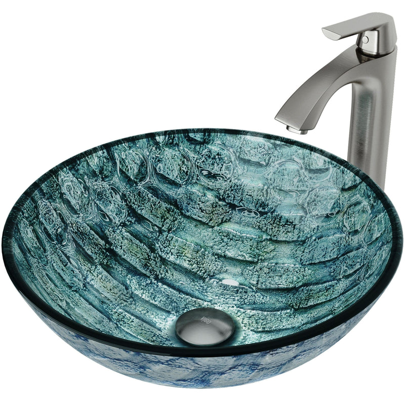 Glass Oceania Blue Bathroom Sink/Basin Set with Linus Faucet and Round Vessel I0800