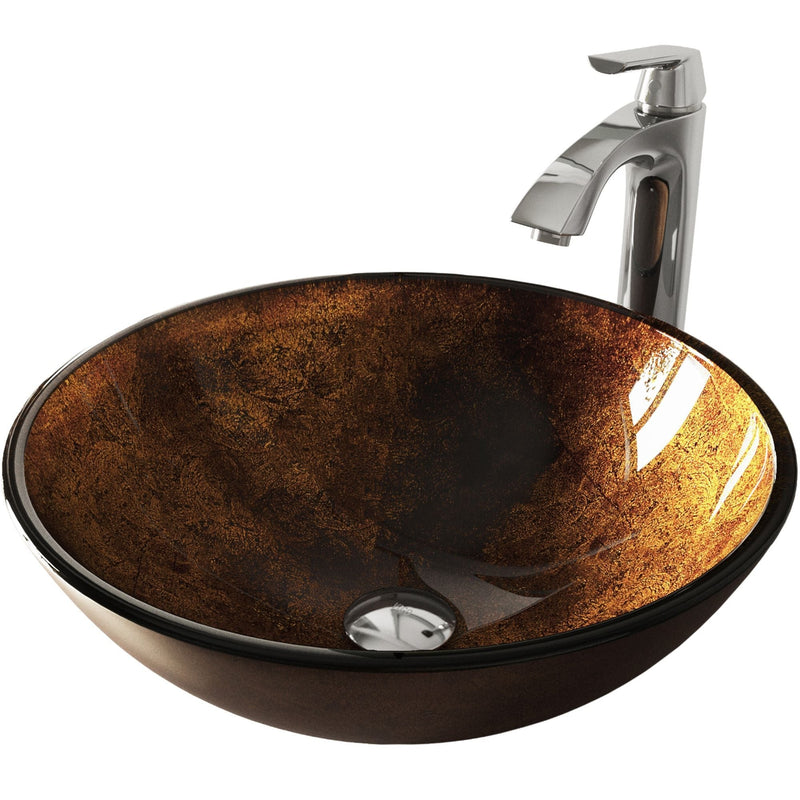 Glass Russet Brown Bathroom Sink/Basin Set with Linus Faucet and Round Vessel A8966