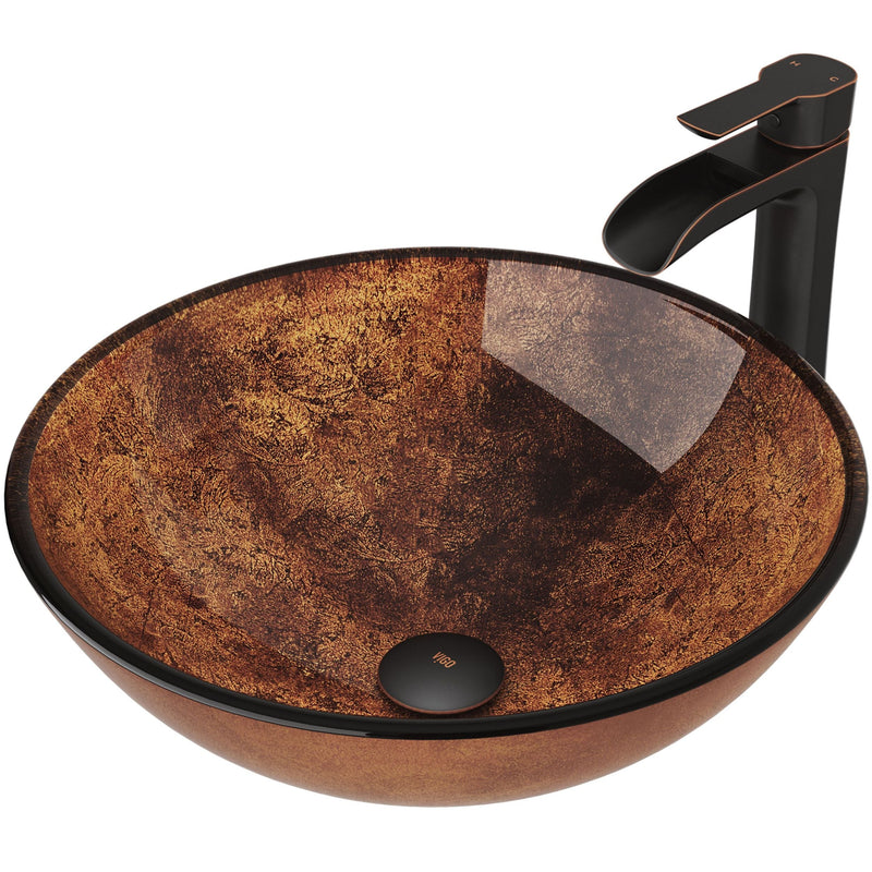 Glass Russet Brown Bathroom Sink/Basin Set with Niko Faucet and Round Vessel N997