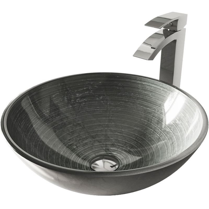 Glass Simply Silver Bathroom Sink/Basin Set with Chrome Duris Faucet and Round Vessel V0242