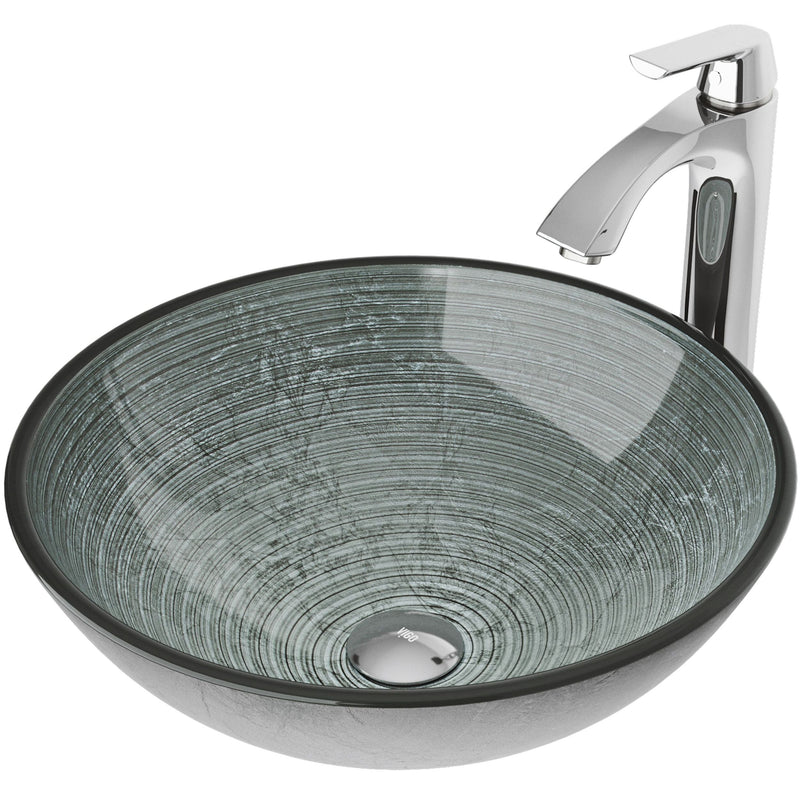 Glass Simply Silver Bathroom Sink/Basin Set with Linus Faucet and Round Vessel I1846
