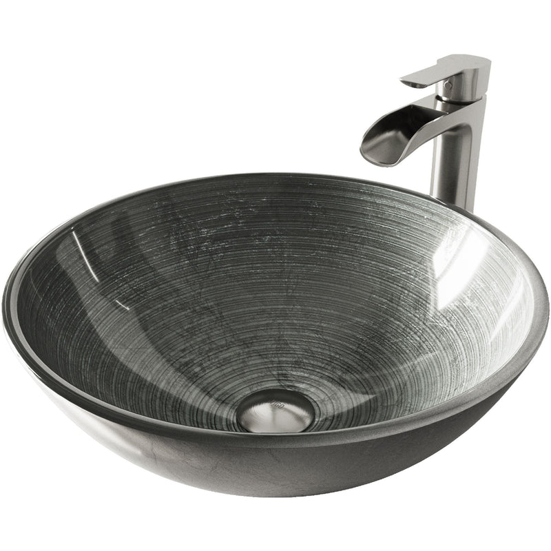 Glass Simply Silver Bathroom Sink/Basin Set with Niko Faucet and Round Vessel Q9549