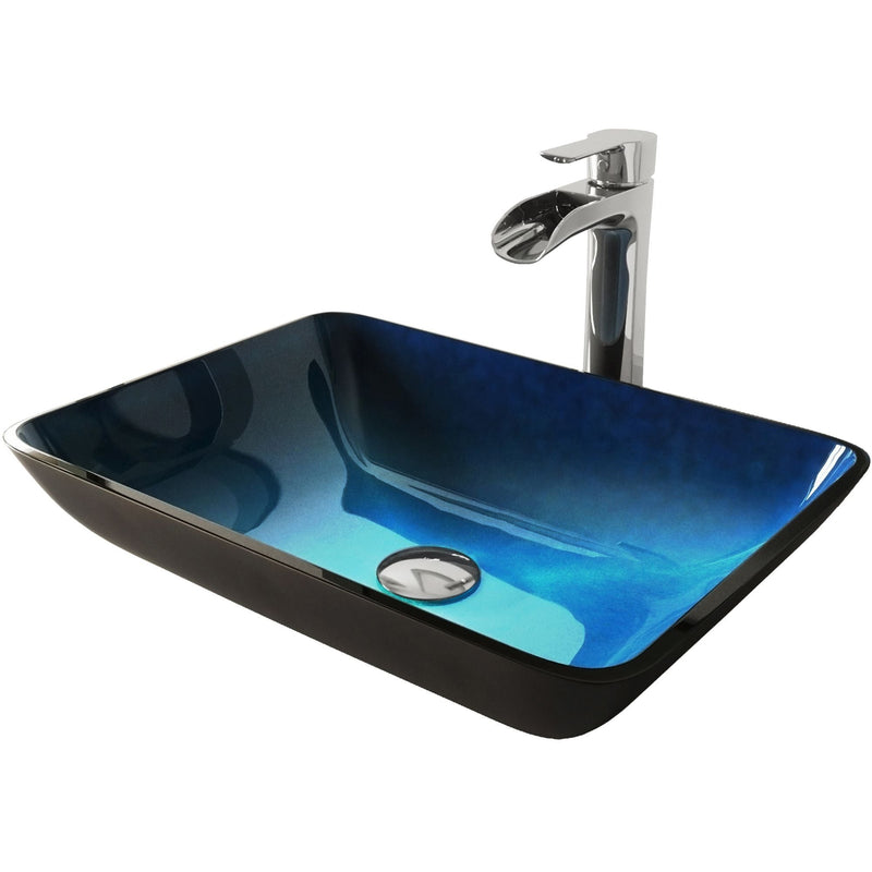 Glass Turquoise Water Bathroom Sink/Basin Set with Niko Faucet and Rectangular Vessel G2250