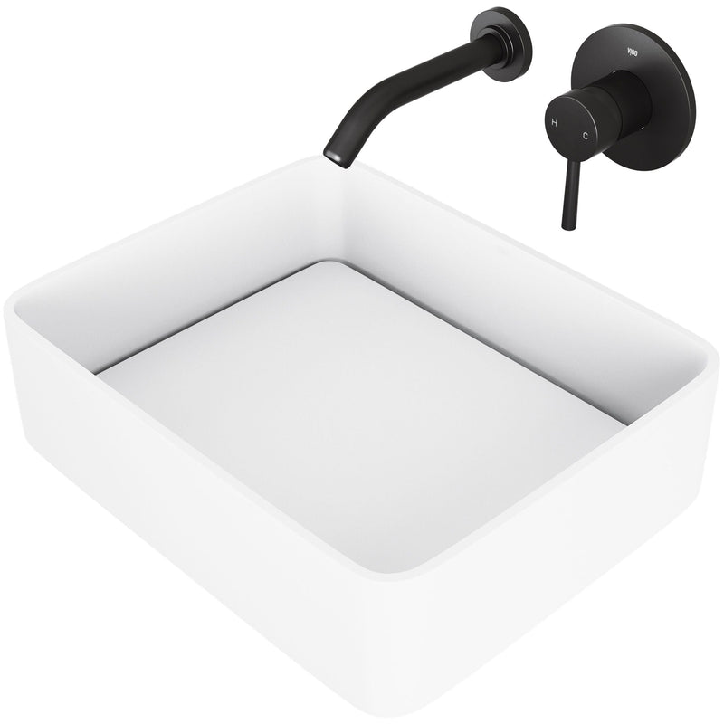 Jasmine White Bathroom Sink/Basin Set with Olus Wall Mount Faucet and Rectangular Composite Vessel W3490