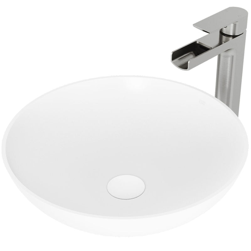 Lotus Round White Composite Bathroom Sink/Basin Set with Amada Faucet and Pop-Up Drain M8329