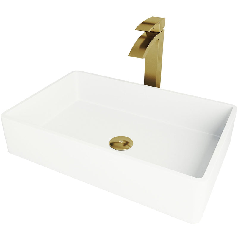 Magnolia White Bathroom Sink/Basin Set with Matte Gold Duris Faucet and Rectangular Composite Vessel U3332