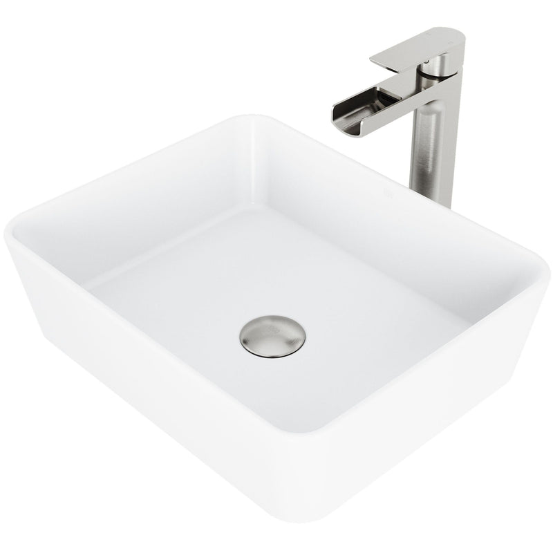Marigold Matte White Bathroom Sink/Basin Set with Amada Faucet and Rectangular Composite Vessel E4478