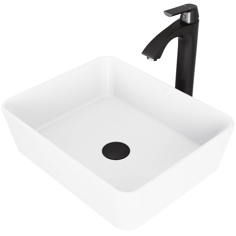 Marigold White Bathroom Sink/Basin Set with Matte Black Linus Faucet and Rectangular Composite Vessel N0068