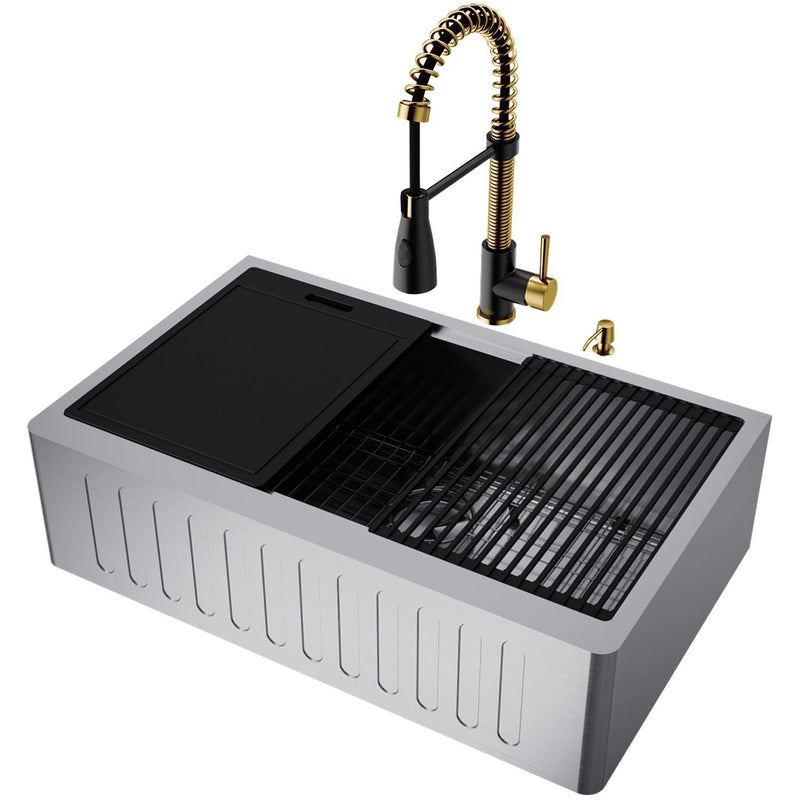 Oxford 33-in Single-Bowl Gold/Black Farmhouse Sink with Brant Faucet N4864