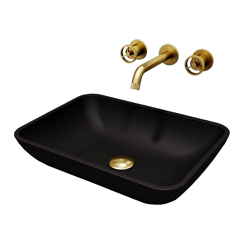 Sottile Matte Black Bathroom Sink/Basin Set with Cass Wall Mount Faucet and Glass Rectangular Vessel M6341