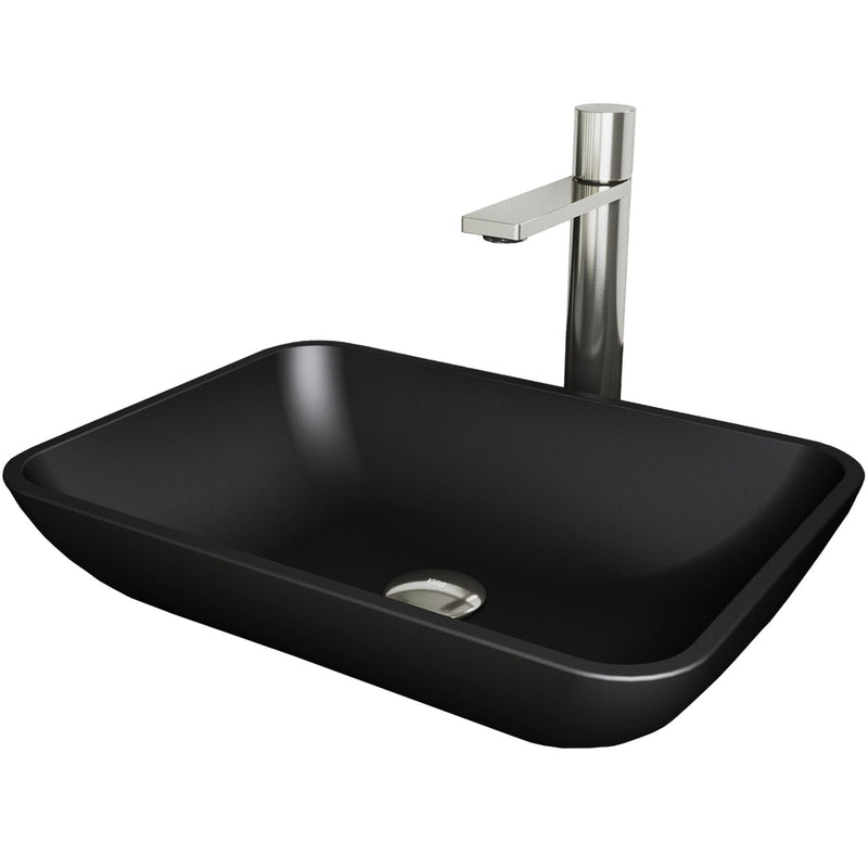 Sottile Matte Black Bathroom Sink/Basin Set with Gotham Faucet and Glass Rectangular Vessel F1357