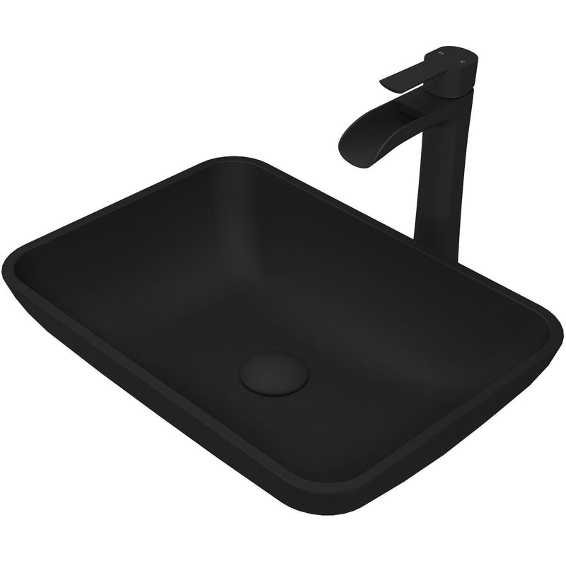 Sottile Matte Black Bathroom Sink/Basin Set with Niko Faucet and Glass Rectangular Vessel O4539
